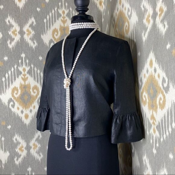 Ralph Lauren Black Label Jet Black Polished Linen Cropped Ruffle Sleeve Jacket - Picture 14 of 16